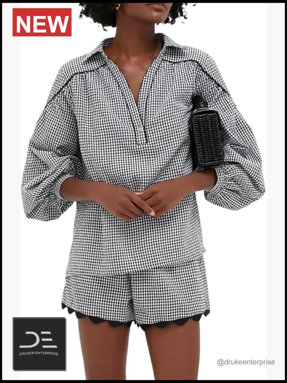Two Piece Sets Women Casual Summer Gingham Puff Sleeve Crew Neck Top Matching